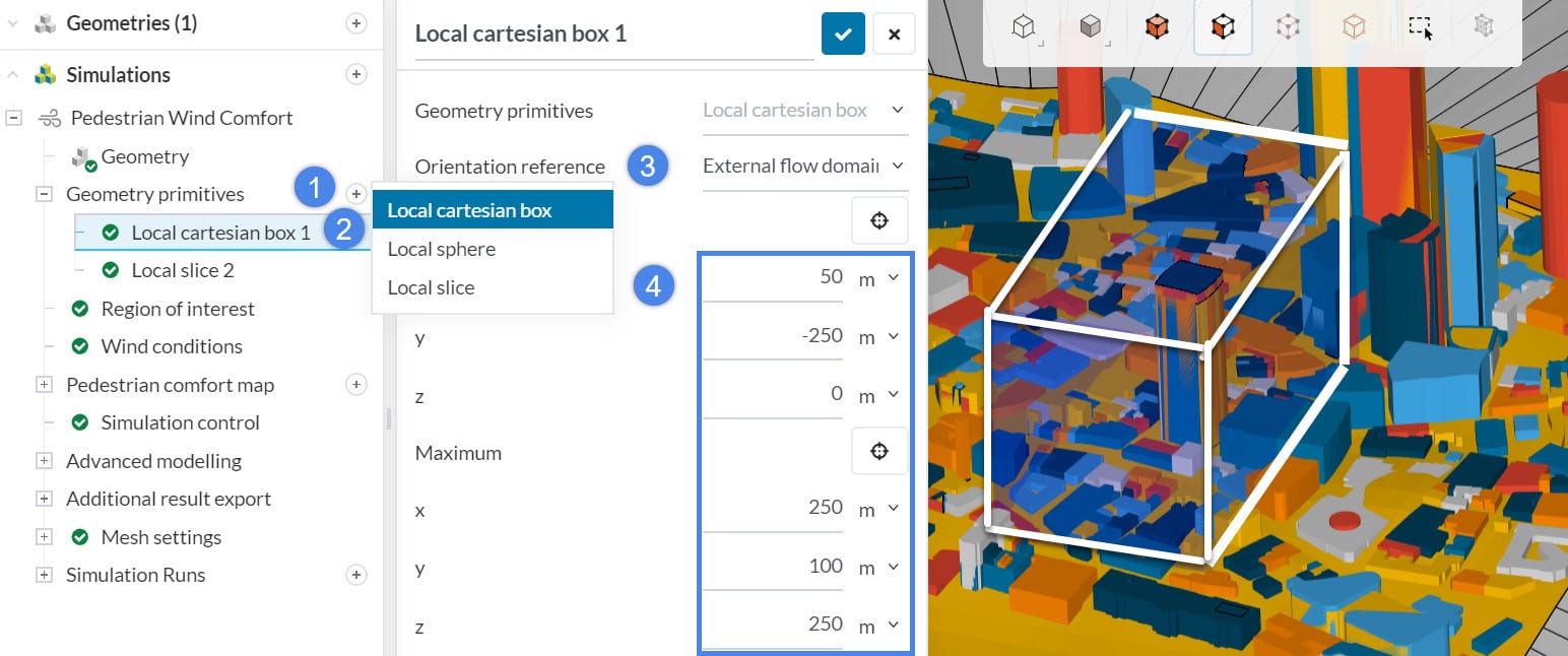 This picture shows how to create a local cartesian box around a building of interest