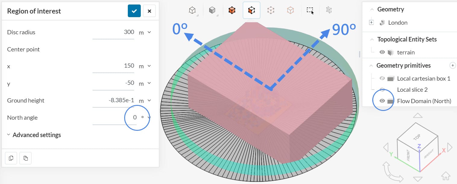 This picture shows how to make the flow domain visible and define the North angle