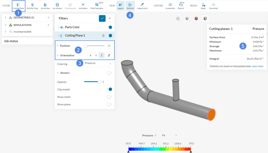 statistics feature to determine pressure drop of a simulation