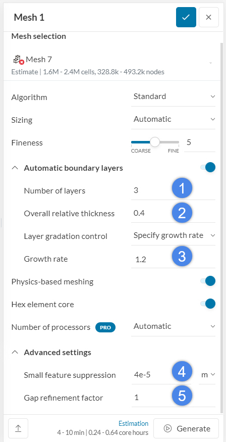 global mesh settings for the standard mesher algorithm in simscale