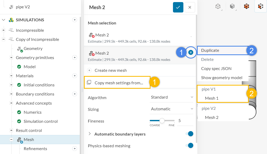 How to duplicate a mesh of the existing cad model or copy the mesh settings from anther cad model in simscale platform