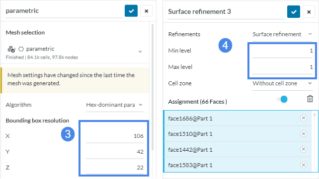 the picture shows how to define and setup the bounding box resolution coordinates and how to define a surface refinement