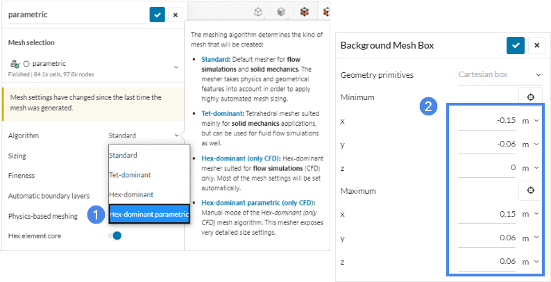 this picture shows how to choose hex-dominant parametric mesher and assign coordinates to the Background mesh box