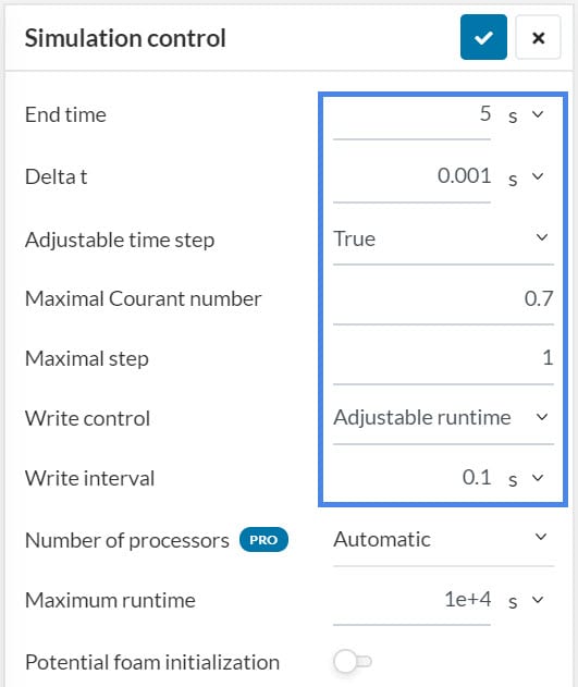 this picture shows the simulation controls, where the user can define simulation time, time step length, and results saving interval in transient convective heat transfer analysis