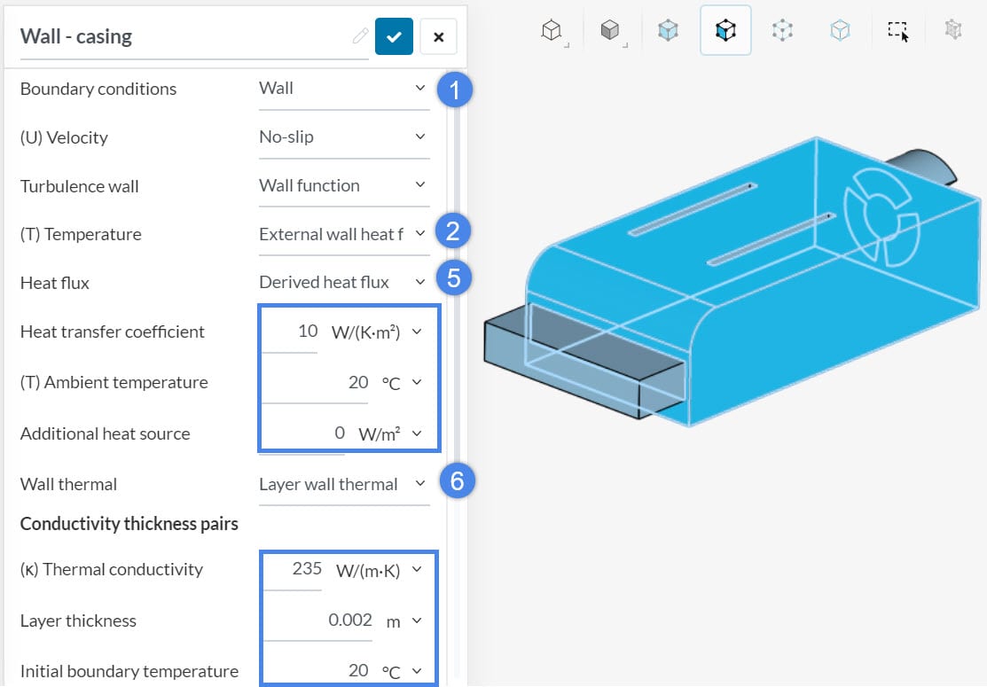 this picture shows how to assign convective heat transfer coefficient together with conductive wall thickness 
