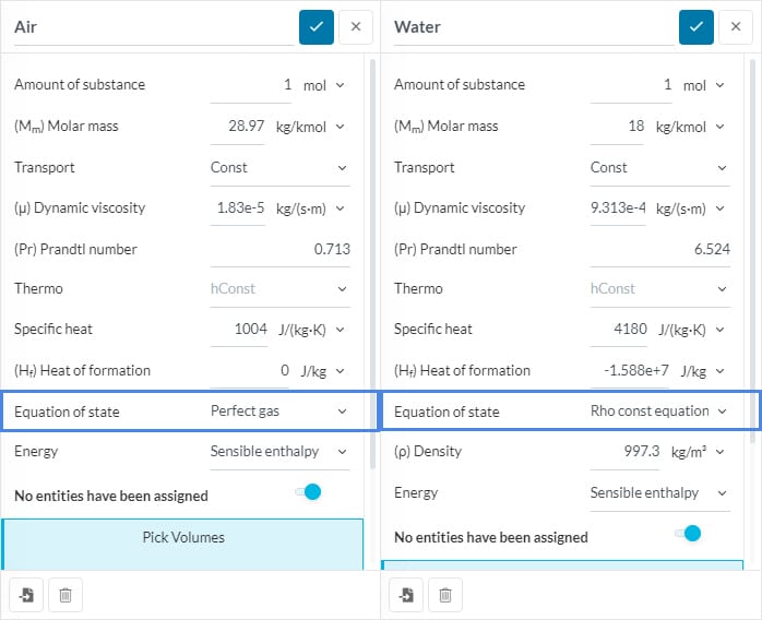 how to assign correct fluid properties for gas and liquid