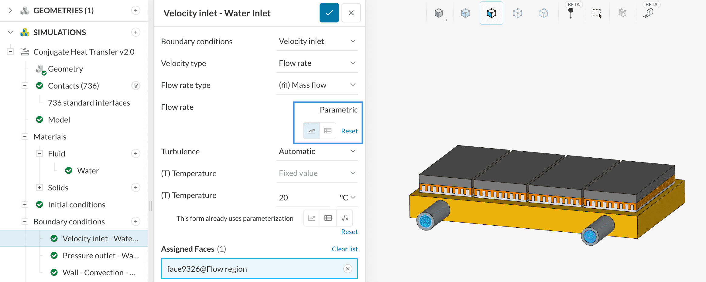 cold plate parametrization mass flow rate inlet