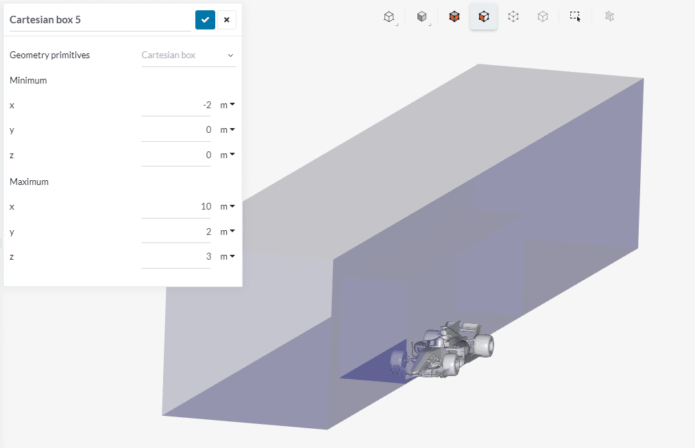 Cartesian box geometry primitive around a F1 car