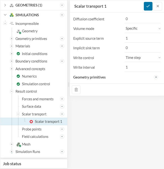 scalar transport result control set up window