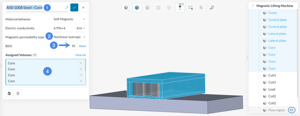 Assign 'Steel' as the material and rename it to 'AISI 1008 Steel - Core' magnetic lifting machine