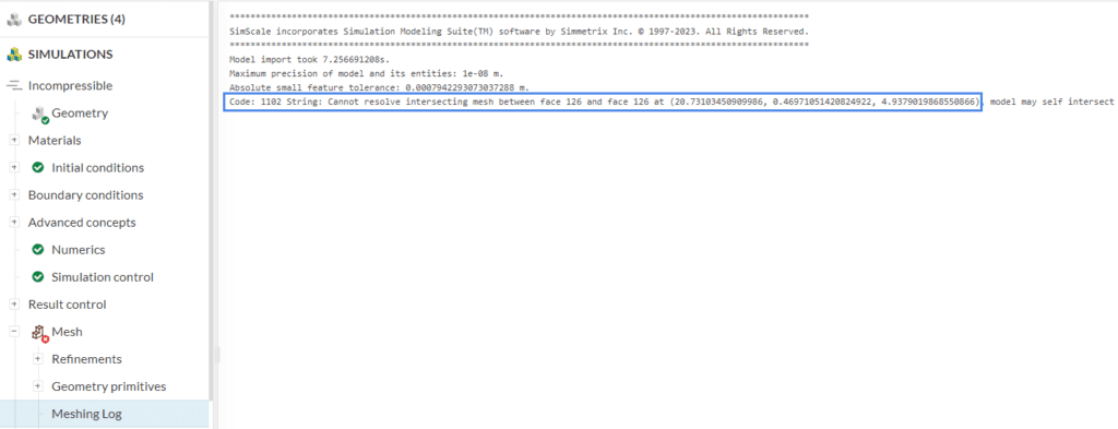 meshing log with coordinates of intersecting surfaces.