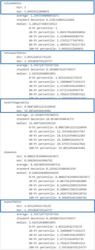 example of the meshing log in simscale showing mesh quality metrics