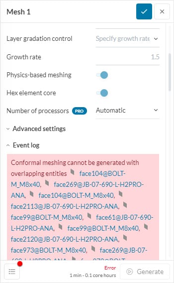 event log after uploading the cad model showing the overlapping entities