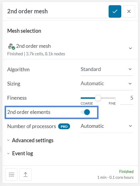 showing how to set the second order mesh under the standard mesh settings